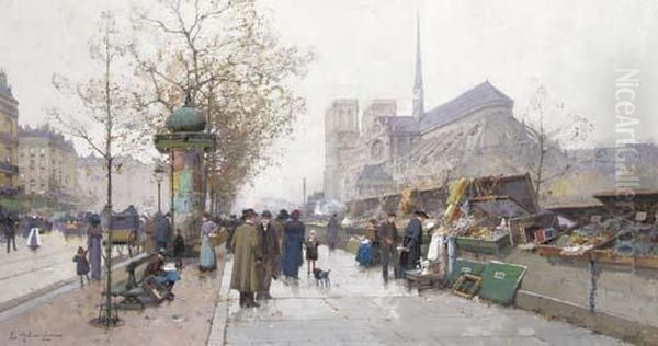 Bouquinistes Sur Le Quai De Tournelle, Paris Oil Painting by Eugene Galien-Laloue