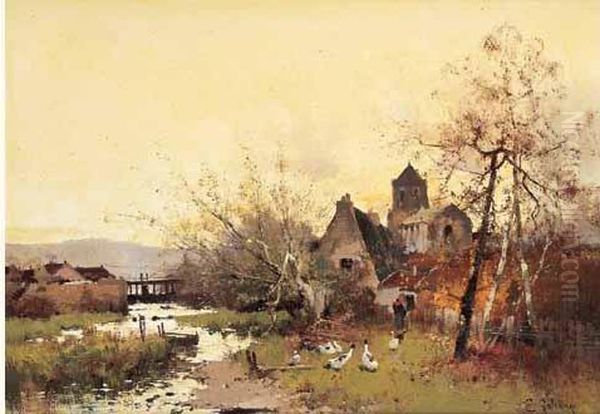 < Village En Bord De Riviere >. Oil Painting by Eugene Galien-Laloue