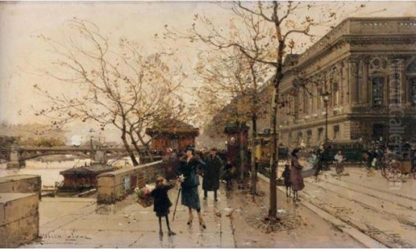 Le Louvre Et La Passerelle Des Arts Oil Painting by Eugene Galien-Laloue