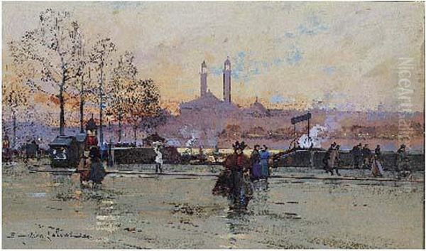 Promeneurs Sur Les Bords De La Seine Oil Painting by Eugene Galien-Laloue