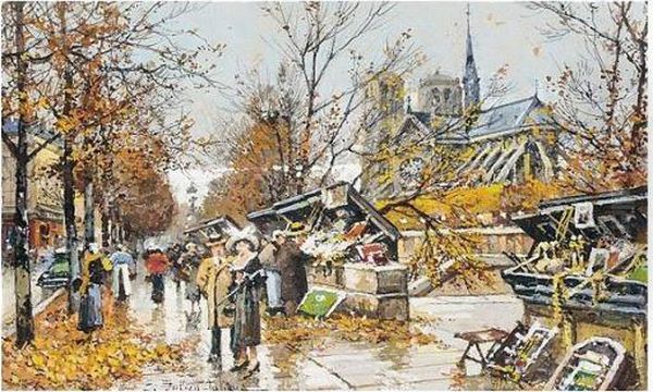 Eugene , Les Quais Et Les Bouquinistes Oil Painting by Eugene Galien-Laloue