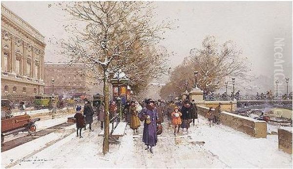 Quai Du Louvre, Paris Oil Painting by Eugene Galien-Laloue