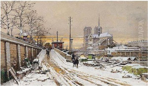 Pont De La Tournelle, Paris Oil Painting by Eugene Galien-Laloue