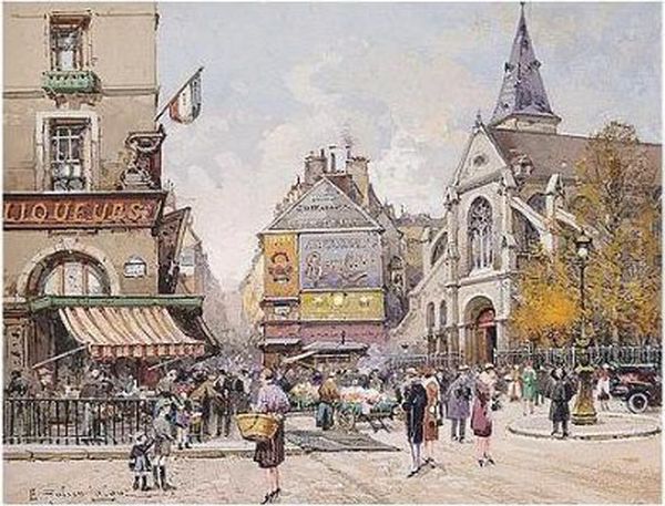 L'eglise De St. Medard, Paris: A Pair Oil Painting by Eugene Galien-Laloue