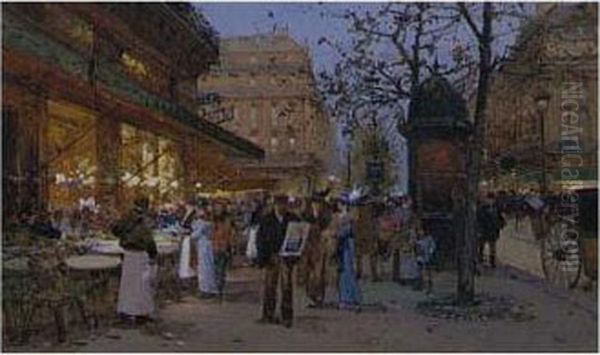 Cafe De La Paix, Paris Oil Painting by Eugene Galien-Laloue