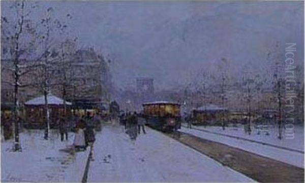 La Fete De Neuilly And Paris In The Snow, Porte Maillot: A Pair Oil Painting by Eugene Galien-Laloue