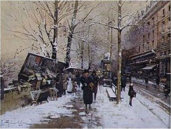 Along The Seine, Paris Oil Painting by Eugene Galien-Laloue