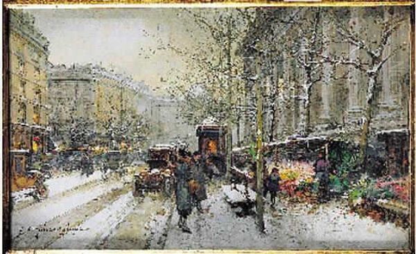 La Madeleine Sous La Neige Oil Painting by Eugene Galien-Laloue