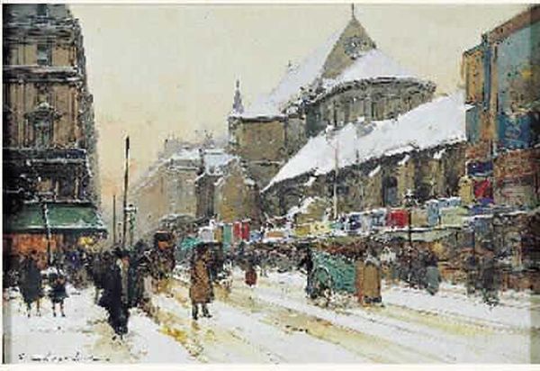 Les Boulevards Parisiens Animes Sous La Neige Oil Painting by Eugene Galien-Laloue