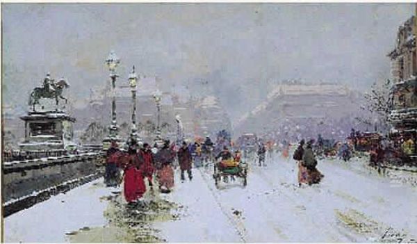 Le Pont Henri Iv Sous La Neige Oil Painting by Eugene Galien-Laloue