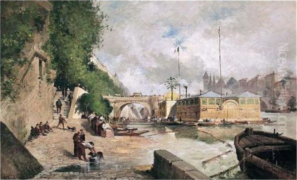 Bateau-lavoir Et La Conciergerie Oil Painting by Eugene Galien-Laloue