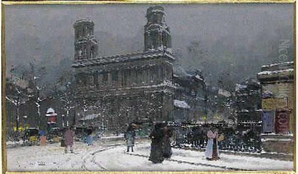 Hiver A Paris : Eglise Saint-sulpice Sous La Neige Oil Painting by Eugene Galien-Laloue