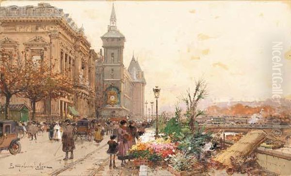 Quai De L'horloge, Paris Oil Painting by Eugene Galien-Laloue