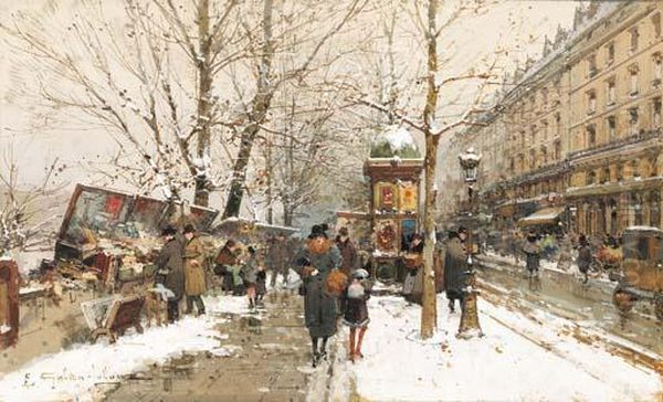 Les Bouquinistes En Hiver Oil Painting by Eugene Galien-Laloue