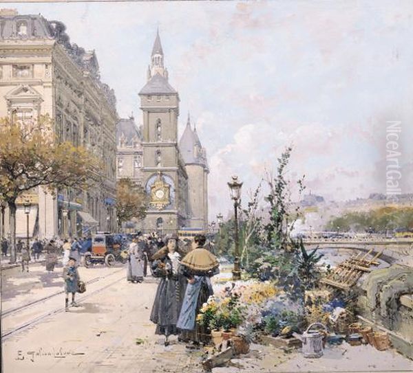 Le Quai Aux Fleurs Et La Conciergerie Oil Painting by Eugene Galien-Laloue