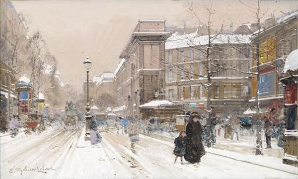 Neige E La Porte St. Martin, Paris Oil Painting by Eugene Galien-Laloue