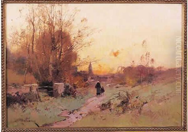 Sur Le Chemin Pres Du Village Oil Painting by Eugene Galien-Laloue