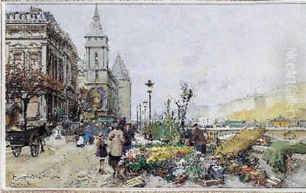 Paris : Le Marche Aux Fleurs Oil Painting by Eugene Galien-Laloue