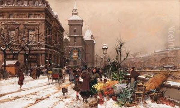 Quai Aux Fleur by Eugene Galien-Laloue