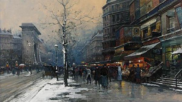 La Porte De Saint-denis Sous La Neige Oil Painting by Eugene Galien-Laloue