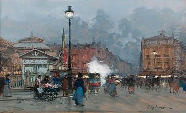 La Bourse, Evening, Paris Oil Painting by Eugene Galien-Laloue