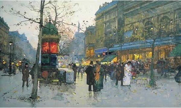 <boulevards Animes Au Crepuscule> .
 Gouache Sur Carton Mince Signee En Bas A Gauche Oil Painting by Eugene Galien-Laloue