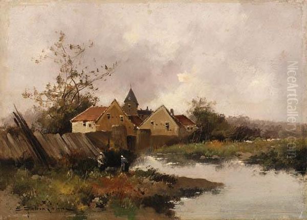 Village Au Bord De L'eau Oil Painting by Eugene Galien-Laloue