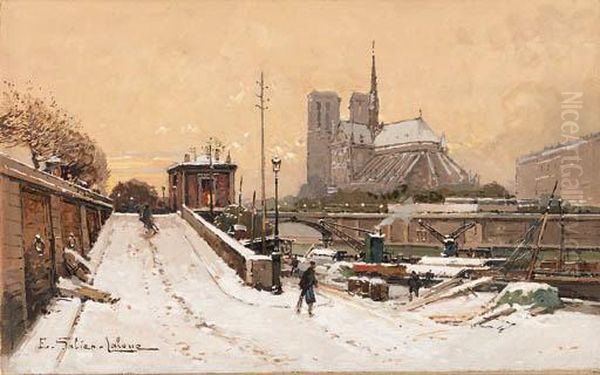 Barges In Winter On The Seine With A View Of Notre Dame In Thedistance Oil Painting by Eugene Galien-Laloue