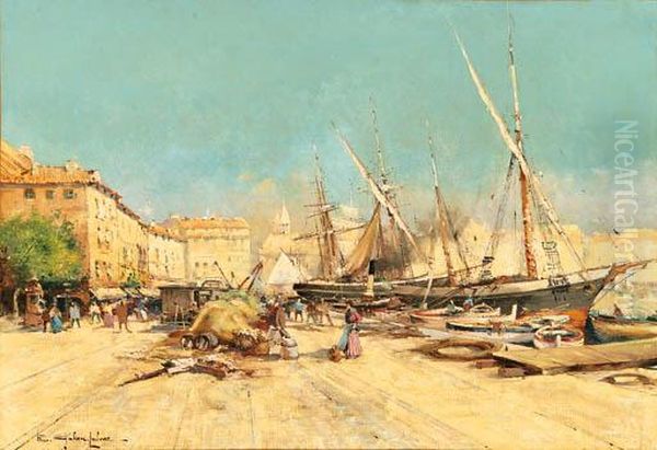 Marseille Harbor Oil Painting by Eugene Galien-Laloue