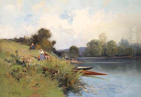 By The Riverside Oil Painting by Eugene Galien-Laloue