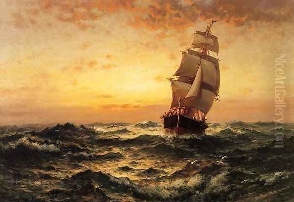 Ship at Sea, Sunset Oil Painting by Edward Moran