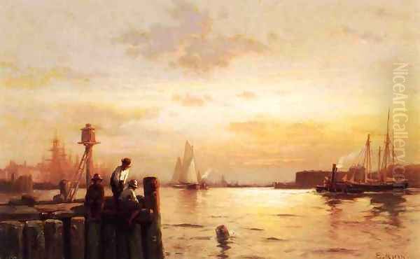 Early Dawn, New York Harbor Oil Painting by Edward Moran