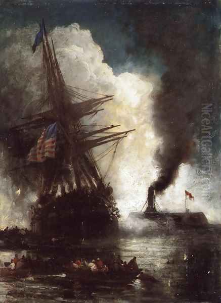 Battle Between Ironclad, Merrimac and Chesapeake Oil Painting by Edward Moran