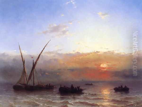 Fishing Boats at Sunset Oil Painting by Edward Moran