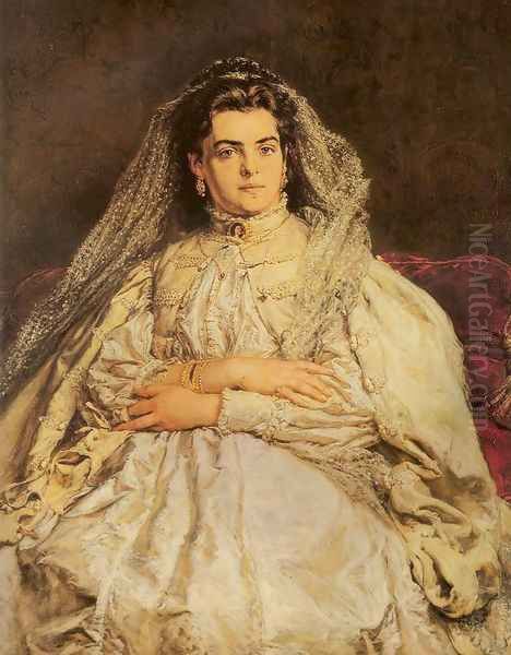 Portrait of Artist's Wife in a Wedding Dress Oil Painting by Jan Matejko