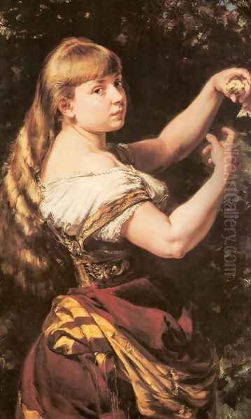 Portrait of the Artist's Daughter Beata with a Canary Oil Painting by Jan Matejko