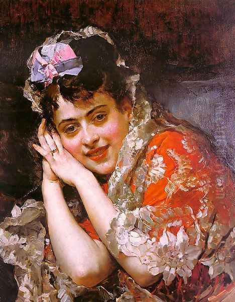 The Model Aline Masson with a White Mantilla Oil Painting by Raimundo de Madrazo y Garreta