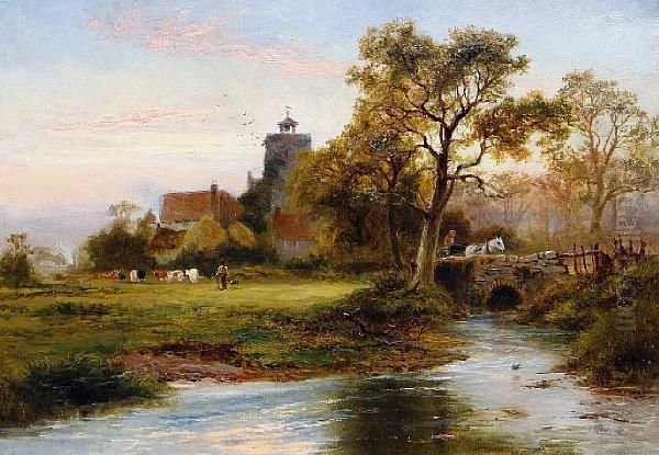 Village By A Stream Oil Painting by Robert Gallon