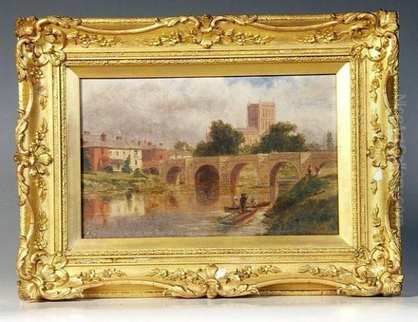 Hereford Castle With Stone 
Bridge And Boats In The Foreground Together With A Summer Boating Scene Oil Painting by Robert Gallon