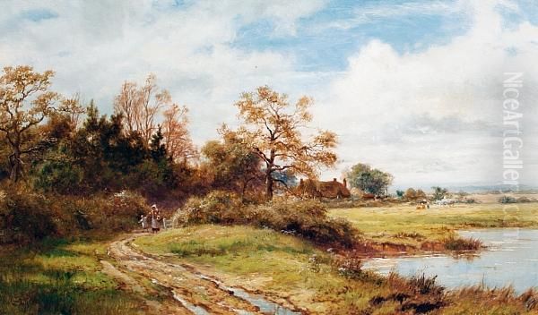 Figures On A Country Path By A Lake Oil Painting by Robert Gallon