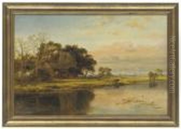 Cattle Watering At The River, Near Yarmouth Oil Painting by Robert Gallon