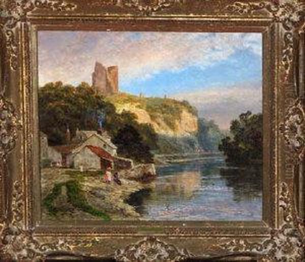 Knaresborough Castle, Yorkshire, With Young Anglers In Theforeground Oil Painting by Robert Gallon