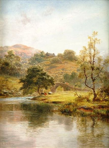 River Landscape Withcattle And A Bridge Oil Painting by Robert Gallon