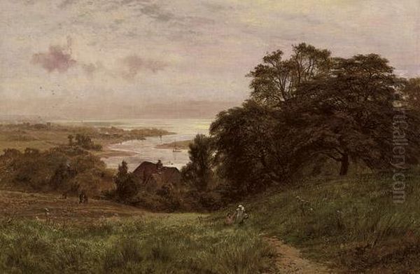 Children On A Hillside Overlooking An Estuary Oil Painting by Robert Gallon