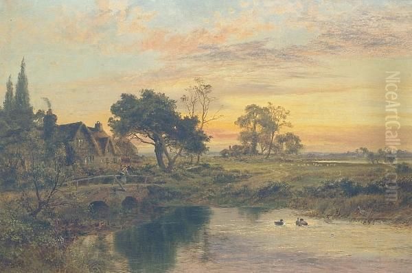 Sunset Over A River Landscape Oil Painting by Robert Gallon