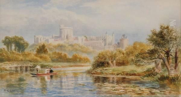 Punting On The Thames With Windsor Castle In Distance Oil Painting by Robert Gallon