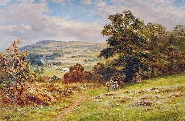 Haymakers In An Extensive Summer Landscape Oil Painting by Robert Gallon