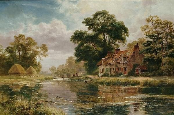 A River Landscape With Figures Before A Cottage Oil Painting by Robert Gallon