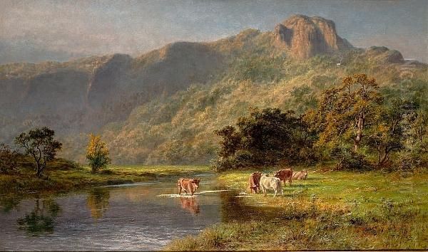 Cattle Watering In A Highland Landscape Oil Painting by Robert Gallon