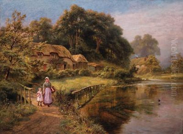 A Woman And Child Crossing A Bridge By A Lake Oil Painting by Robert Gallon